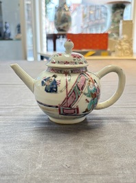 A Chinese famille rose 'Feng Yi Ting 鳳儀亭' teapot and a blue and white teapot with figural design, Yongzheng