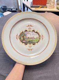 Two large Chinese Meissen-style export dishes with a hunting scene, Qianlong