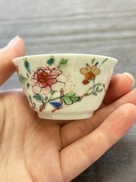 Seven Chinese famille rose cups and eleven saucers with floral design, Qianlong