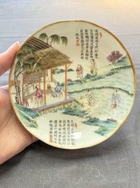 Three Chinese famille rose plates with narrative design, Tongzhi mark and of the period