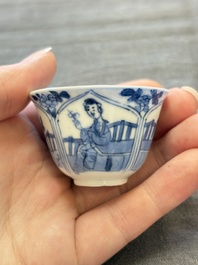 Three Chinese blue and white teapots, a cup and a saucer, Kangxi