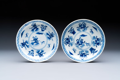 Five Chinese blue and white cups and saucers, Kangxi mark, 19th C.