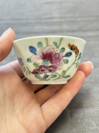 Seven Chinese famille rose cups and eleven saucers with floral design, Qianlong