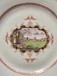Two large Chinese Meissen-style export dishes with a hunting scene, Qianlong