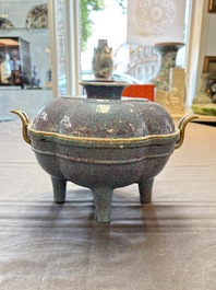 A Chinese famille rose 'gu' vase and a robin's egg-glazed tripod double-walled warming bowl, Qianlong mark, 19/20th C.