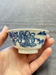 Five Chinese blue and white cups and saucers, Kangxi mark, 19th C.