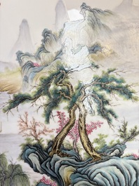 A massive Chinese famille rose 'mountainous landscape' plaque, 20th C.