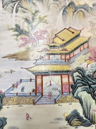 A massive Chinese famille rose 'mountainous landscape' plaque, 20th C.