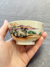 A set of four Chinese famille rose cups and saucers with horses, Qianlong