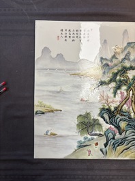 A massive Chinese famille rose 'mountainous landscape' plaque, 20th C.