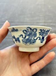 Five Chinese blue and white cups and saucers, Kangxi mark, 19th C.