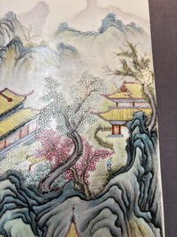 A massive Chinese famille rose 'mountainous landscape' plaque, 20th C.
