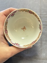 A set of four Chinese famille rose cups and saucers with horses, Qianlong