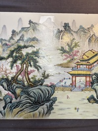 A massive Chinese famille rose 'mountainous landscape' plaque, 20th C.