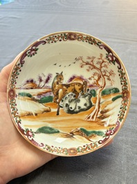 A set of four Chinese famille rose cups and saucers with horses, Qianlong