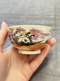 A set of four Chinese famille rose cups and saucers with horses, Qianlong