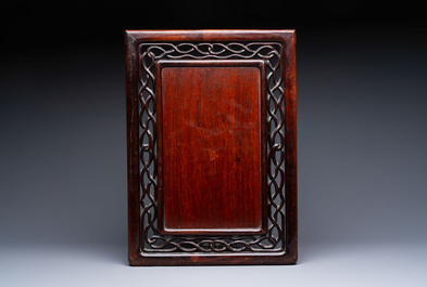 A Chinese blue and white 'mountainous landscape' plaque mounted in a wooden frame, 19/20th C.