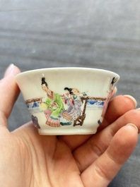 Three Chinese famille rose and grisaille cups and saucers, Qianlong