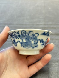 Five Chinese blue and white cups and saucers, Kangxi mark, 19th C.