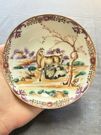 A set of four Chinese famille rose cups and saucers with horses, Qianlong