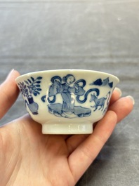 Five Chinese blue and white cups and saucers, Kangxi mark, 19th C.