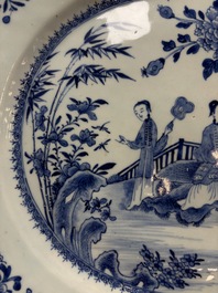 A Chinese blue and white 'ladies in a garden' serving dish, Qianlong