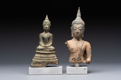 Three Southeast Asian bronze Buddhas and a stone head of Buddha, 18th C.