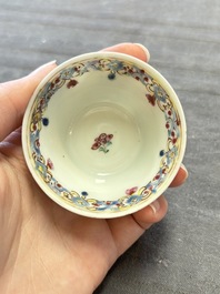Three Chinese famille rose and grisaille cups and saucers, Qianlong