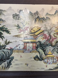 A massive Chinese famille rose 'mountainous landscape' plaque, 20th C.