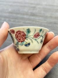 Three Chinese famille rose and grisaille cups and saucers, Qianlong