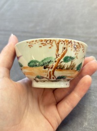 A set of four Chinese famille rose cups and saucers with horses, Qianlong