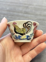 Three Chinese famille rose and grisaille cups and saucers, Qianlong