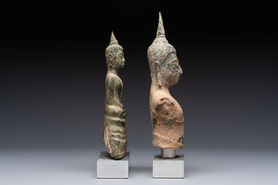 Three Southeast Asian bronze Buddhas and a stone head of Buddha, 18th C.