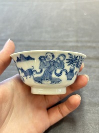 Five Chinese blue and white cups and saucers, Kangxi mark, 19th C.