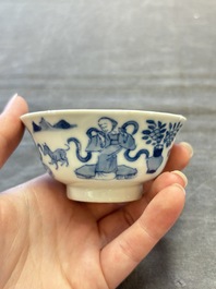 Five Chinese blue and white cups and saucers, Kangxi mark, 19th C.