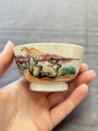 A set of four Chinese famille rose cups and saucers with horses, Qianlong