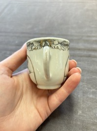 Three Chinese famille rose and grisaille cups and saucers, Qianlong