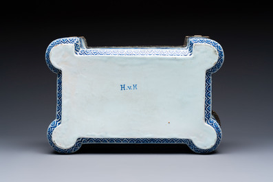 A blue and white Dutch Delft bronze-mounted casket, 19th C.