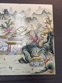 A massive Chinese famille rose 'mountainous landscape' plaque, 20th C.