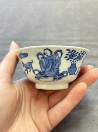 Five Chinese blue and white cups and saucers, Kangxi mark, 19th C.