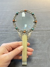 A Chinese silver-mounted magnifying glass with jade handle and precious stone inlays, 19th C.
