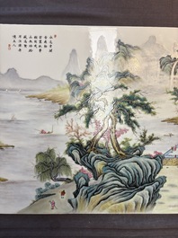 A massive Chinese famille rose 'mountainous landscape' plaque, 20th C.