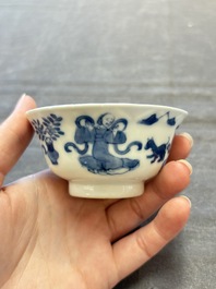 Five Chinese blue and white cups and saucers, Kangxi mark, 19th C.