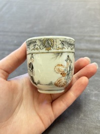 Three Chinese famille rose and grisaille cups and saucers, Qianlong