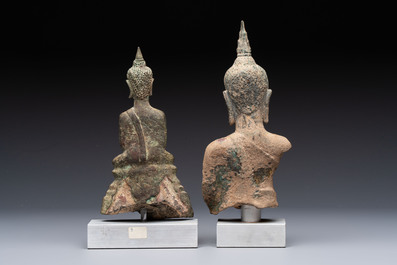 Three Southeast Asian bronze Buddhas and a stone head of Buddha, 18th C.