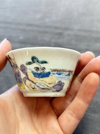 Three Chinese famille rose and grisaille cups and saucers, Qianlong