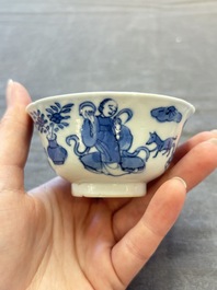 Five Chinese blue and white cups and saucers, Kangxi mark, 19th C.