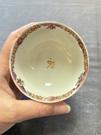 A set of four Chinese famille rose cups and saucers with horses, Qianlong
