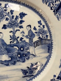 A Chinese blue and white 'ladies in a garden' serving dish, Qianlong