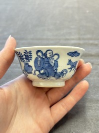Five Chinese blue and white cups and saucers, Kangxi mark, 19th C.